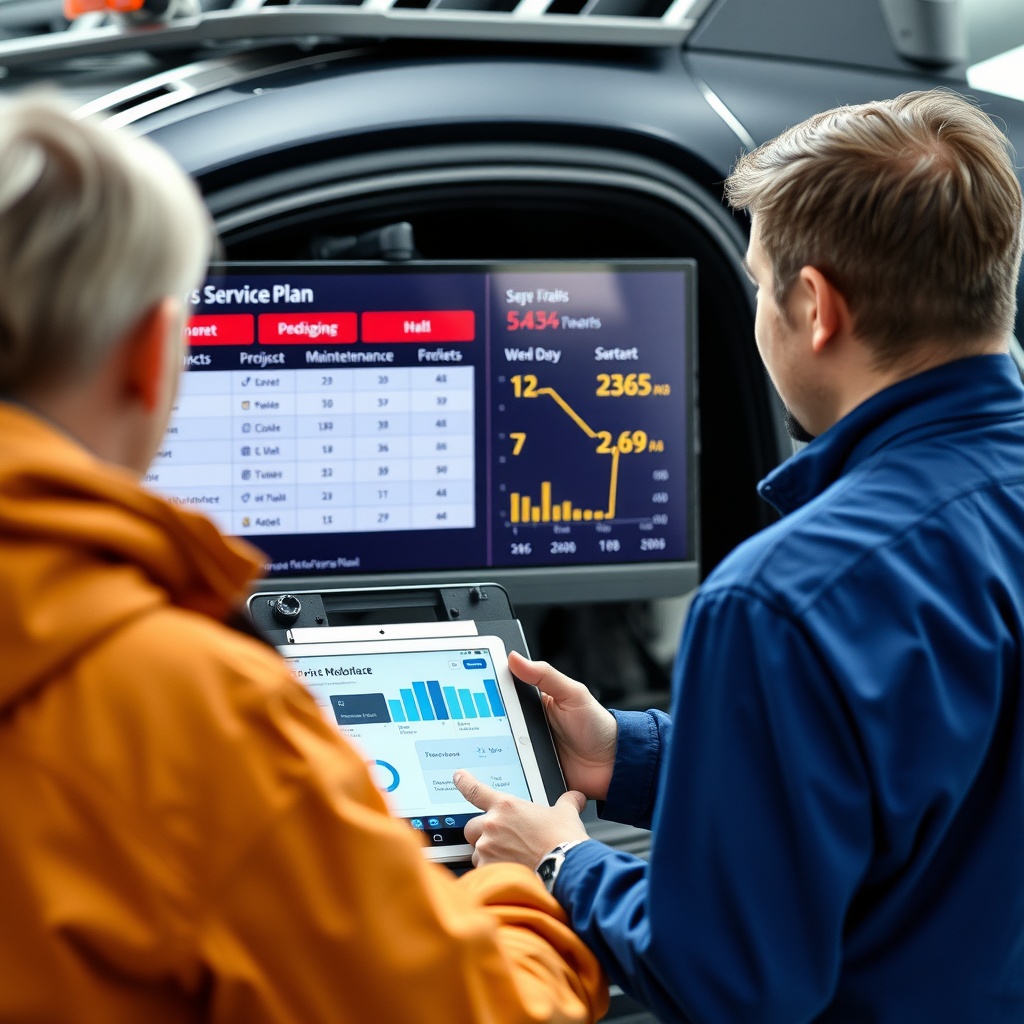 A service advisor using a tablet to explain a digital service plan to a customer, with the vehicle's maintenance data displayed on screen showing predictive maintenance needs.