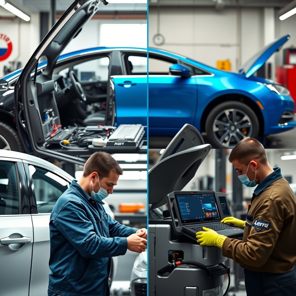 Split-screen comparison showing ICE vehicle maintenance (oil change, parts) versus EV maintenance (battery diagnostic, software update) with service technicians working on each.