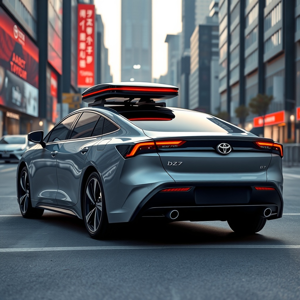 Toyota bZ7 electric sedan showcasing its sleek exterior design with prominently visible roof-mounted LiDAR sensor and Toyota/GAC badging against a modern urban Chinese cityscape.