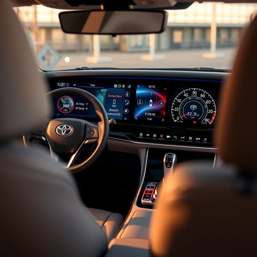 Interior view of Toyota bZ7's cockpit highlighting the 15.6-inch floating central display showing the HarmonyOS interface alongside the 12.3-inch digital instrument cluster, with ambient lighting accentuating the premium materials.