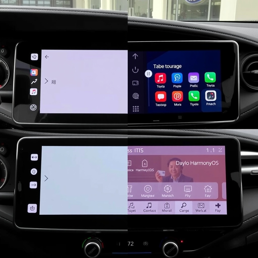 Split-screen comparison showing Toyota's previous in-car interface next to the new HarmonyOS system, demonstrating the visual differences and enhanced connectivity options available in the Chinese version.