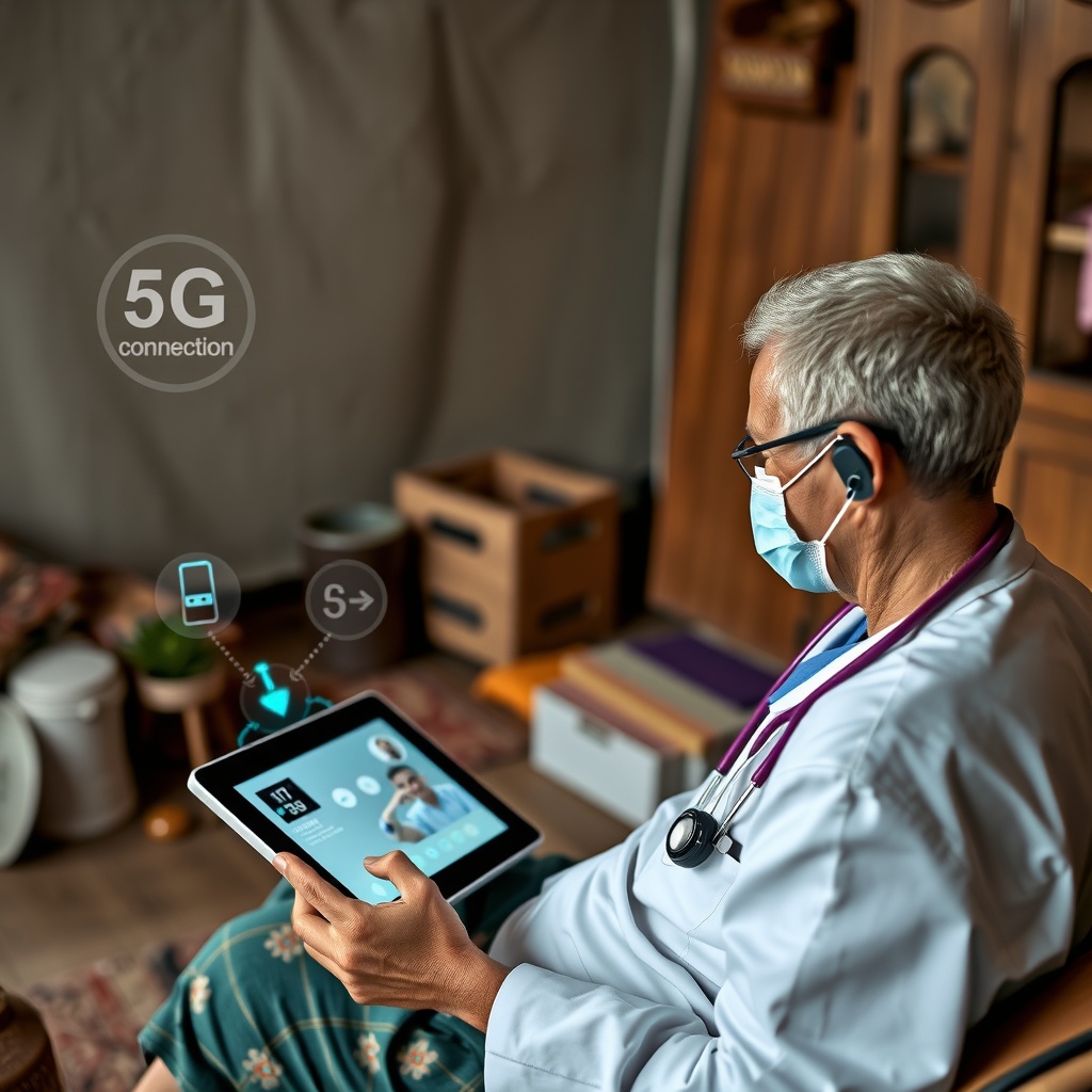 A patient in a rural home setting wearing multiple IoT monitoring devices while having a video consultation with a doctor on a tablet, with visual indicators showing 5G connectivity and data transmission.