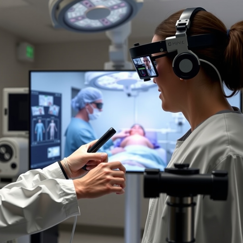 A medical professional using AR glasses and specialized controls to remotely perform a minimally invasive procedure, with split-screen showing the remote operating room and patient.