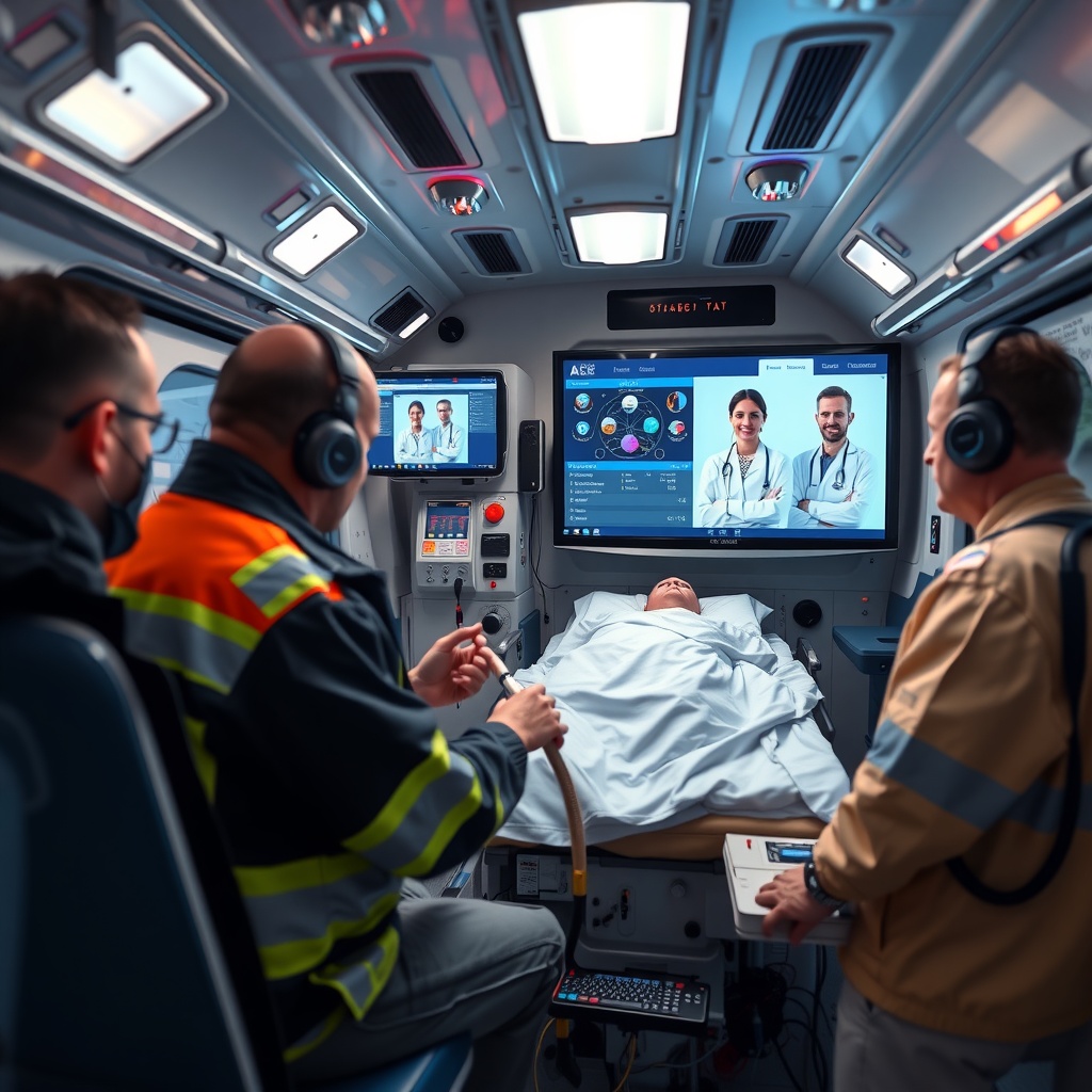 A smart ambulance interior with paramedics using advanced 5G-connected diagnostic equipment while transmitting data to hospital specialists who appear on screens providing real-time guidance.