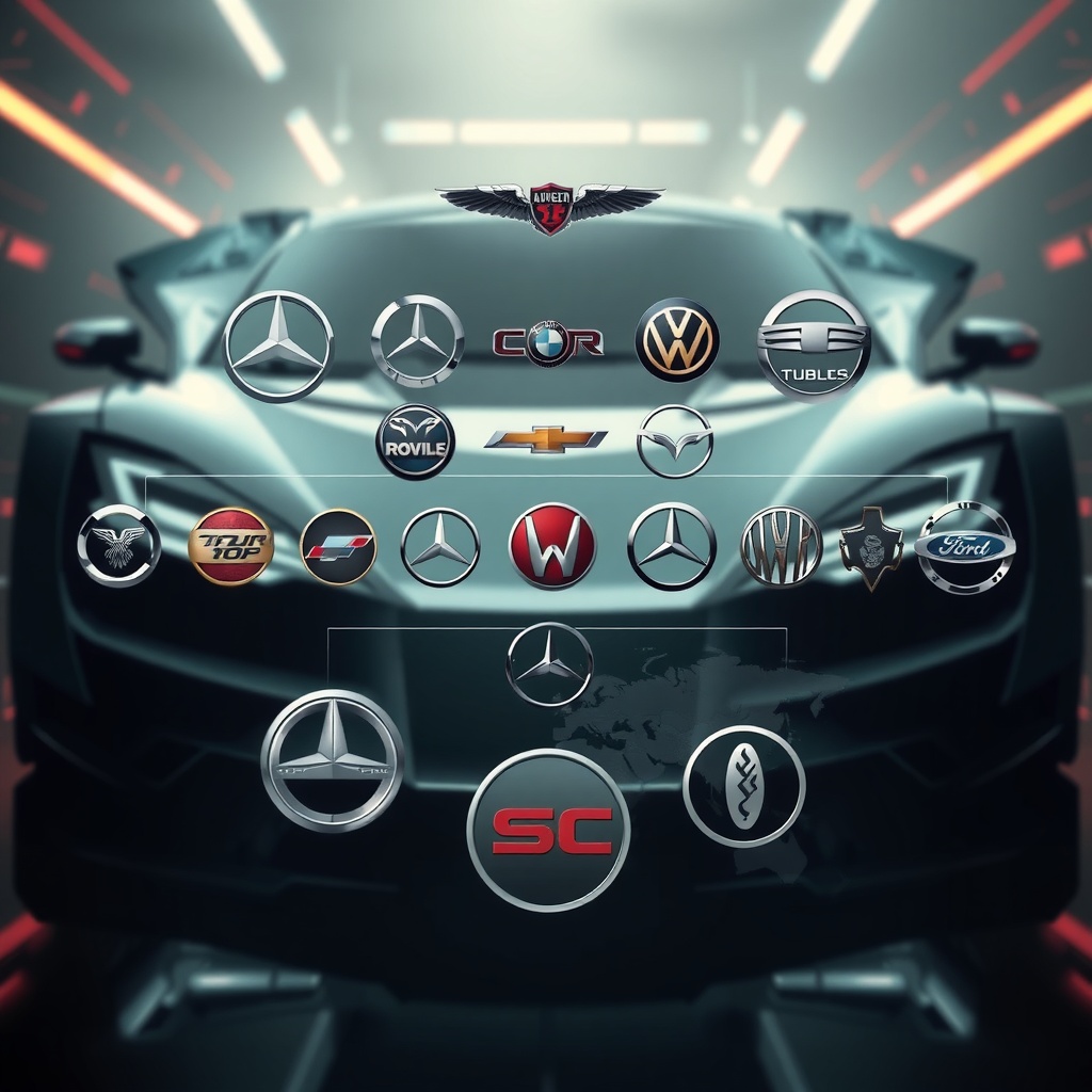 A dramatic visualization showing car brand logos arranged in a survival hierarchy, with some fading away and others growing stronger, against a futuristic automotive design background.