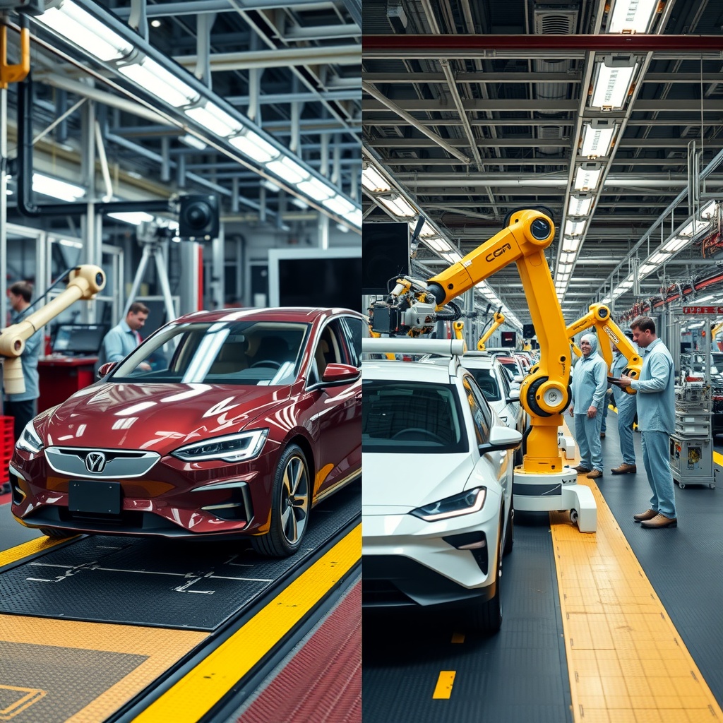 A split-screen comparison between a traditional car manufacturing assembly line and a modern EV production facility with advanced robotics and fewer human workers.