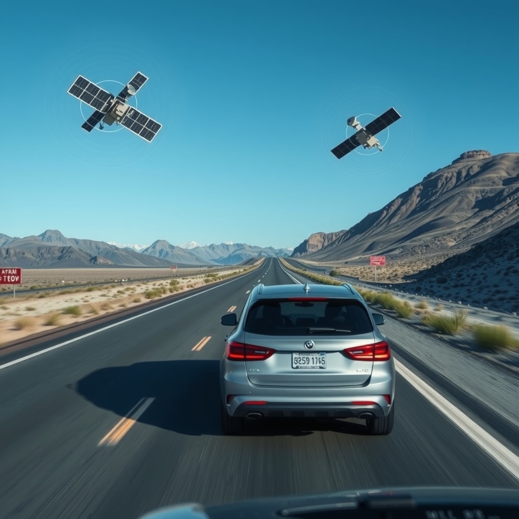 A modern connected vehicle on a remote highway with satellite signals visually represented streaming to and from the car, showing connectivity in areas beyond cellular coverage.