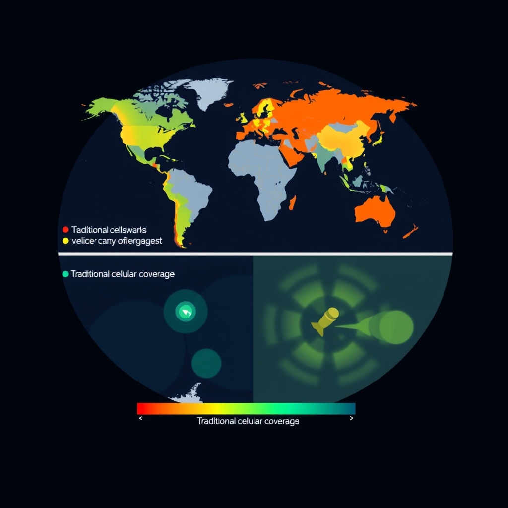 Split-screen visualization showing the global coverage map of satellite networks for vehicles compared to traditional cellular coverage, highlighting the gaps filled by satellite connectivity.