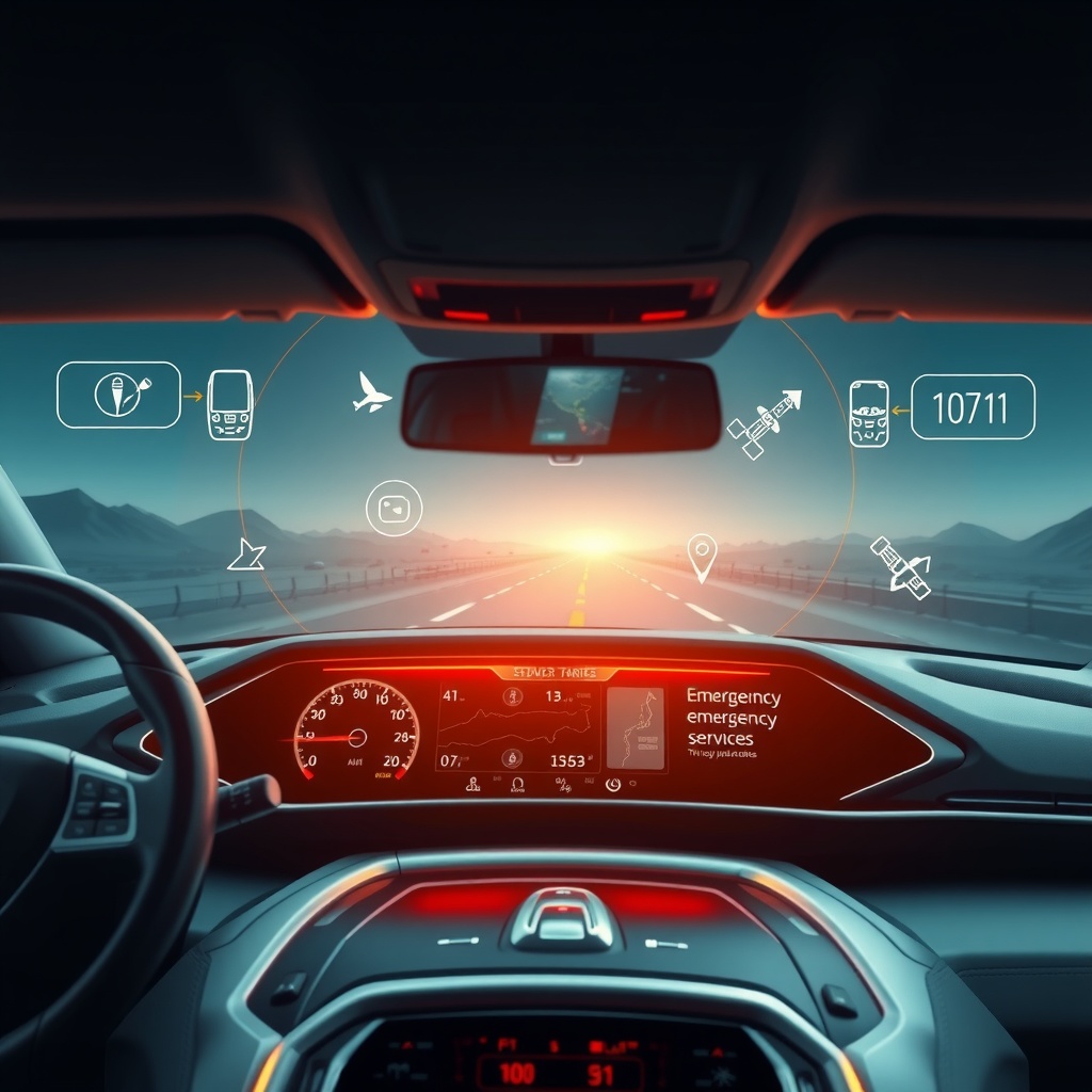 Futuristic dashboard display in a vehicle showing various satellite-enabled features in action, including navigation, emergency services, and real-time updates.