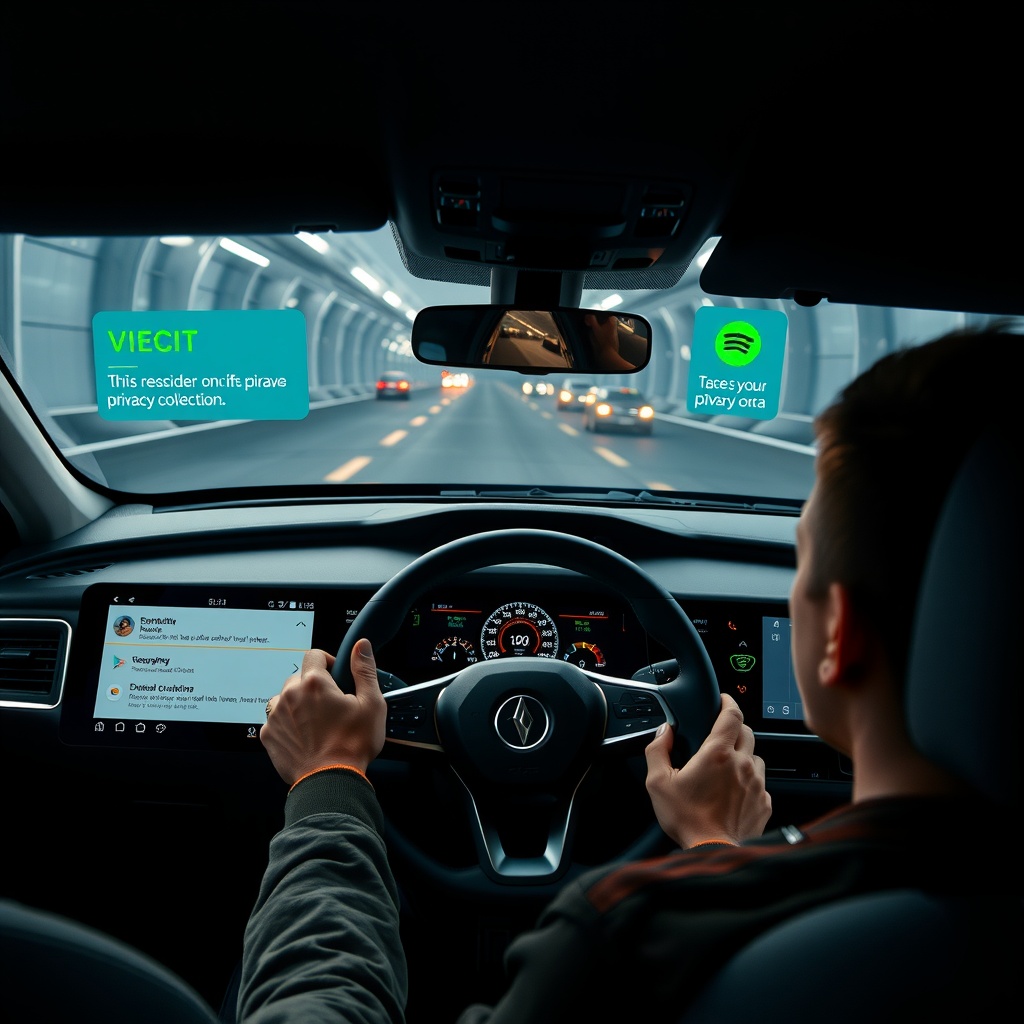 A modern connected car dashboard with multiple screens displaying various apps and data collection notifications, with a concerned driver looking at the privacy alerts.