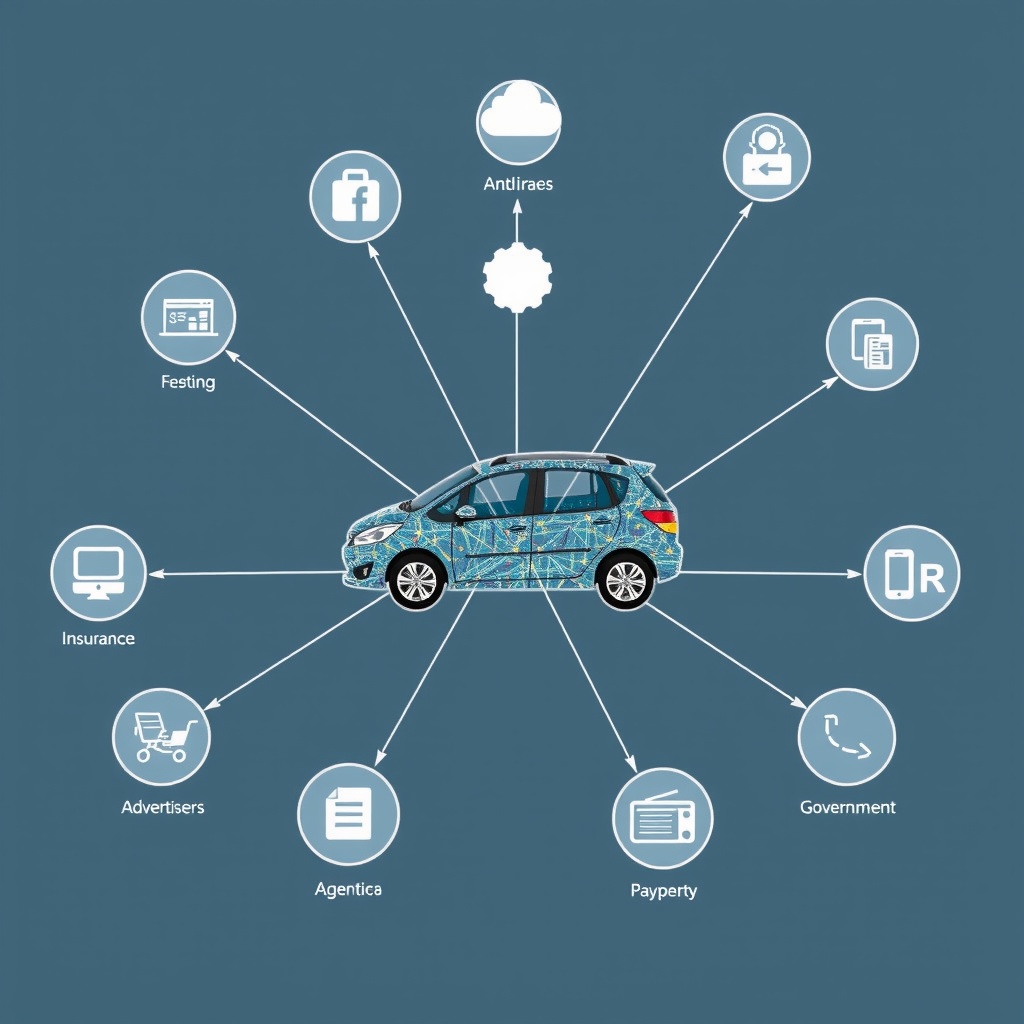A visual representation of data flowing from a connected vehicle to multiple entities including automakers, insurance companies, advertisers, and government agencies, shown as a web of connections.