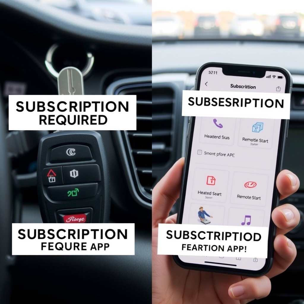 Split-screen comparison of a traditional car key next to a smartphone running a car subscription app, with 'SUBSCRIPTION REQUIRED' labels over basic features like heated seats and remote start.