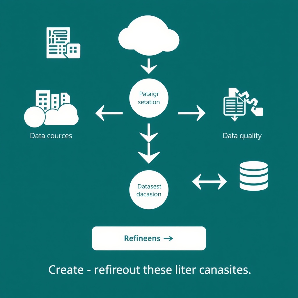 A visual representation of dataset curation showing different data sources flowing into a filtering system that produces high-quality AI test datasets, with arrows indicating the refinement process.