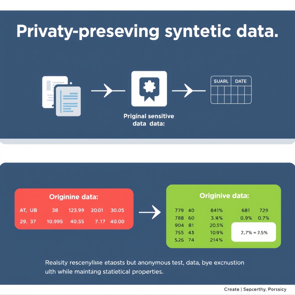 An infographic illustrating the privacy-preserving synthetic data generation process, showing how original sensitive data is transformed into realistic but anonymous test data while maintaining statistical properties.