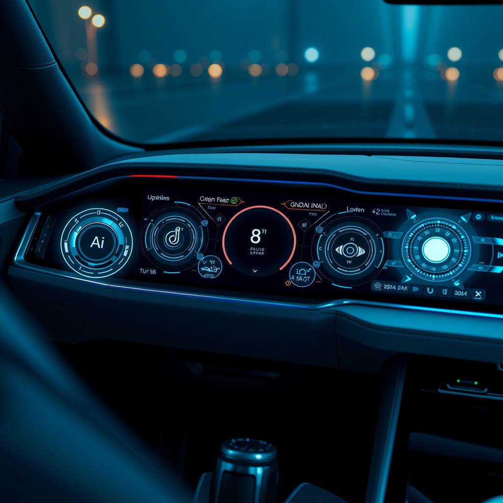 A futuristic car dashboard showing an advanced AI interface with holographic displays and adaptive controls that can be updated throughout the vehicle's lifecycle.