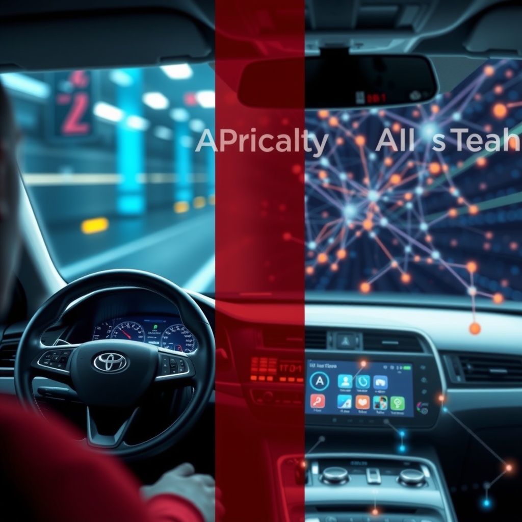 A split-screen visualization showing automotive AI evolution - from basic driver assistance to advanced autonomous systems, with neural networks visible in the background.