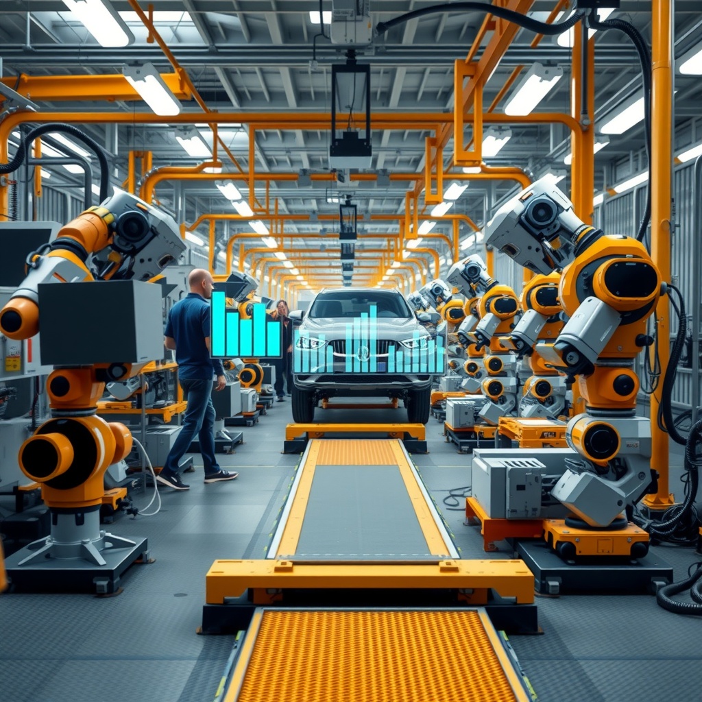 An automotive manufacturing floor with robots and AI systems working alongside humans, with visual data analytics overlays showing real-time optimization and quality control.