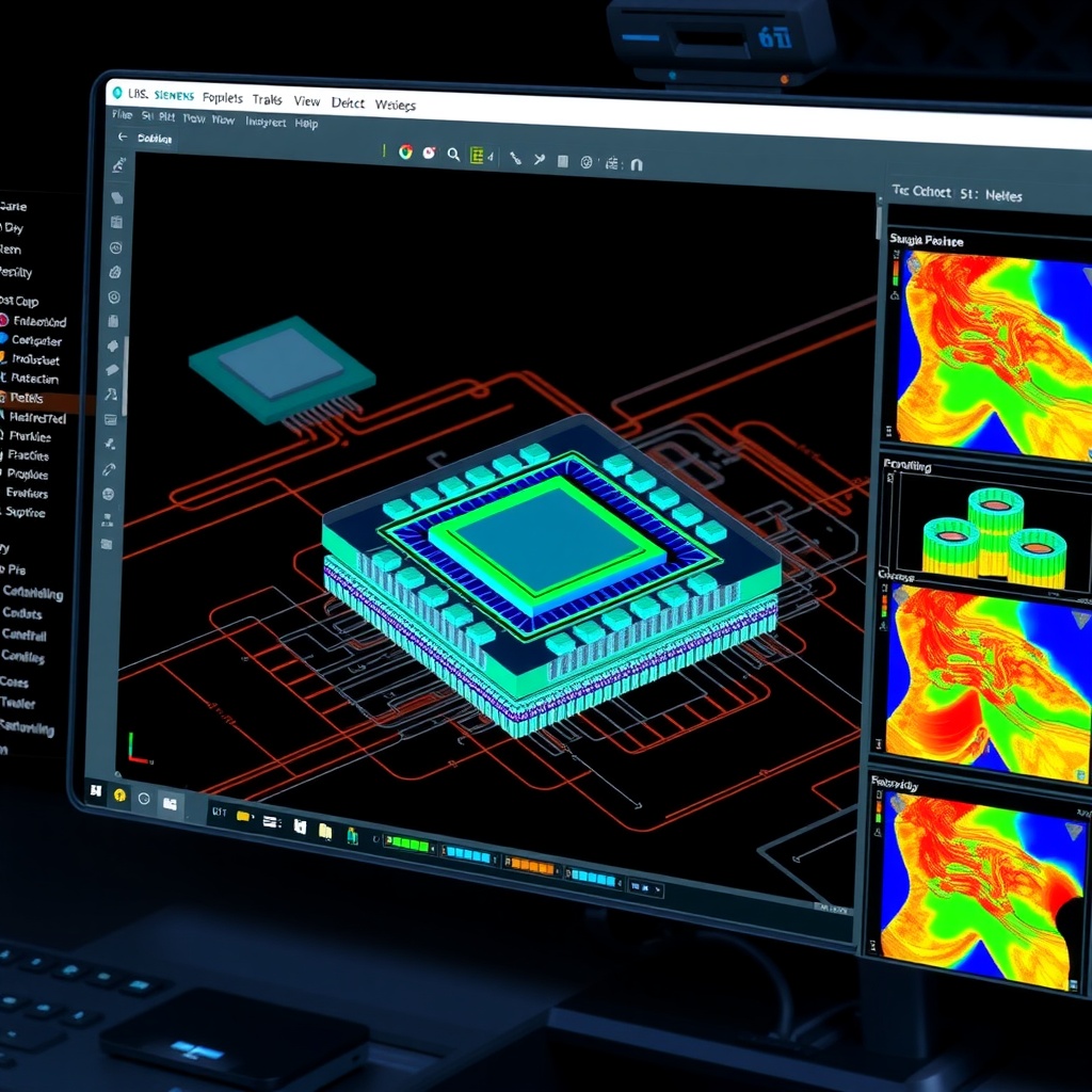 Visual representation of Siemens Innovator3D IC cockpit interface showing the unified digital twin of a complex 3D chiplet design with multiple analysis views visible.