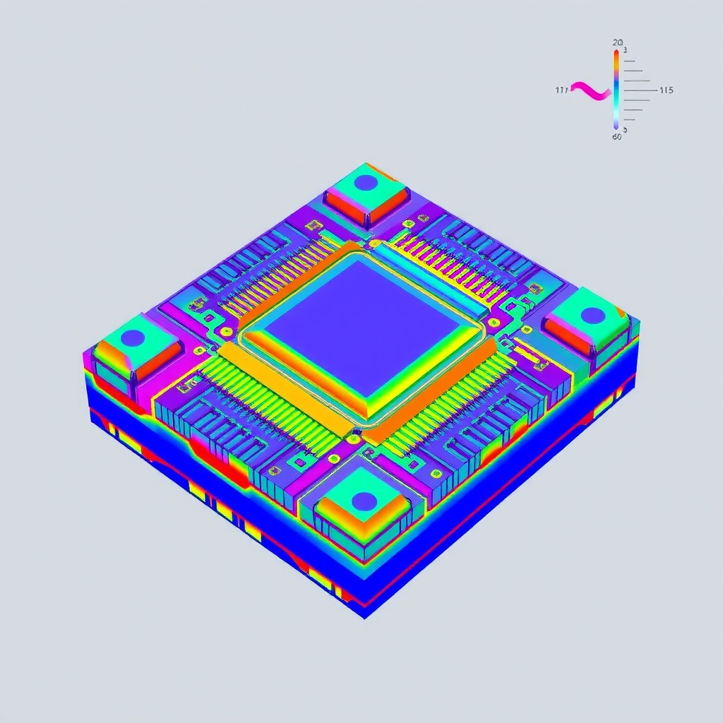 Multiphysics analysis results from Innovator3D IC showing thermal distribution and mechanical stress simulation of a complex chiplet-based package.