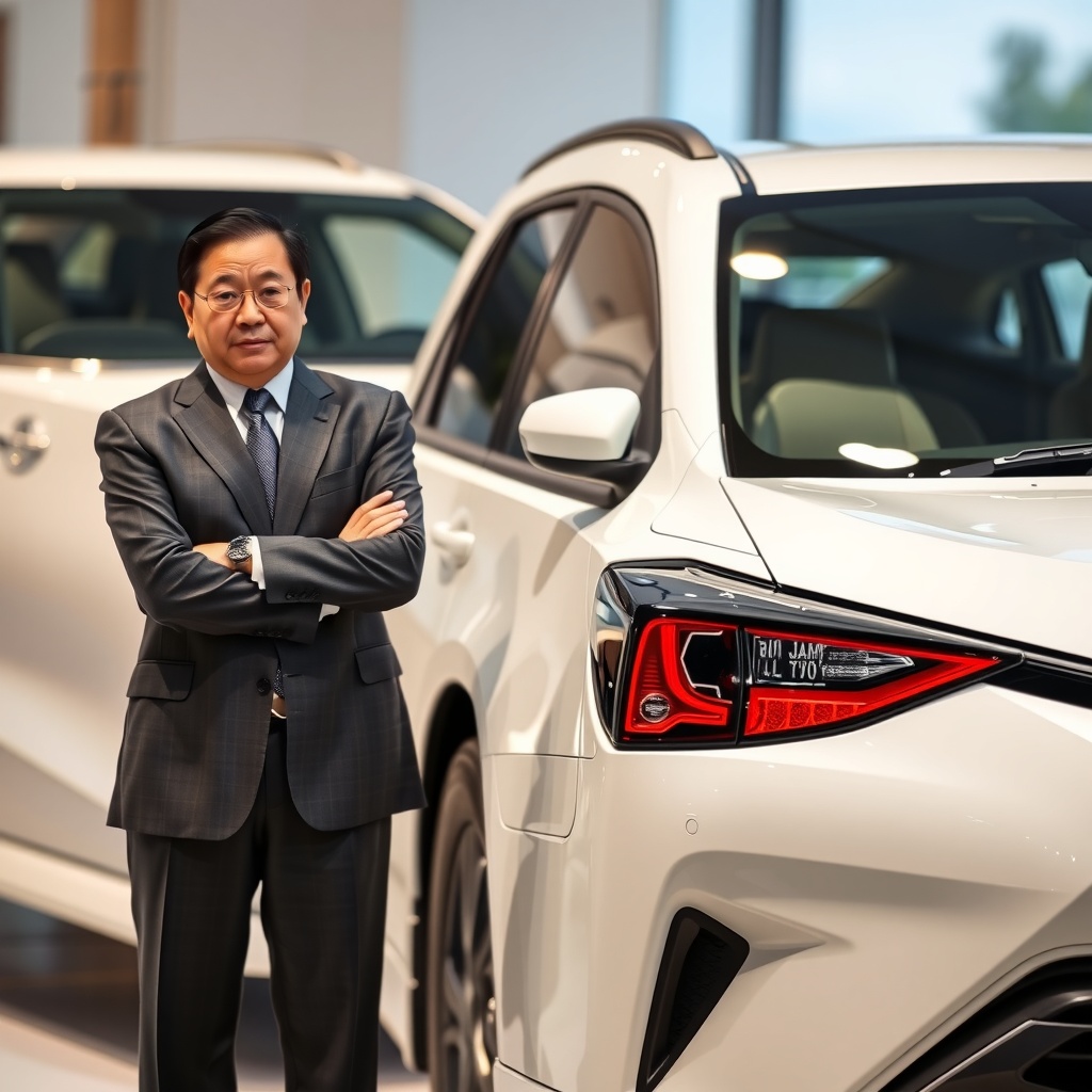 Toyota Chairman Akio Toyoda standing confidently next to a new Toyota hybrid vehicle with a skeptical but determined expression on his face.