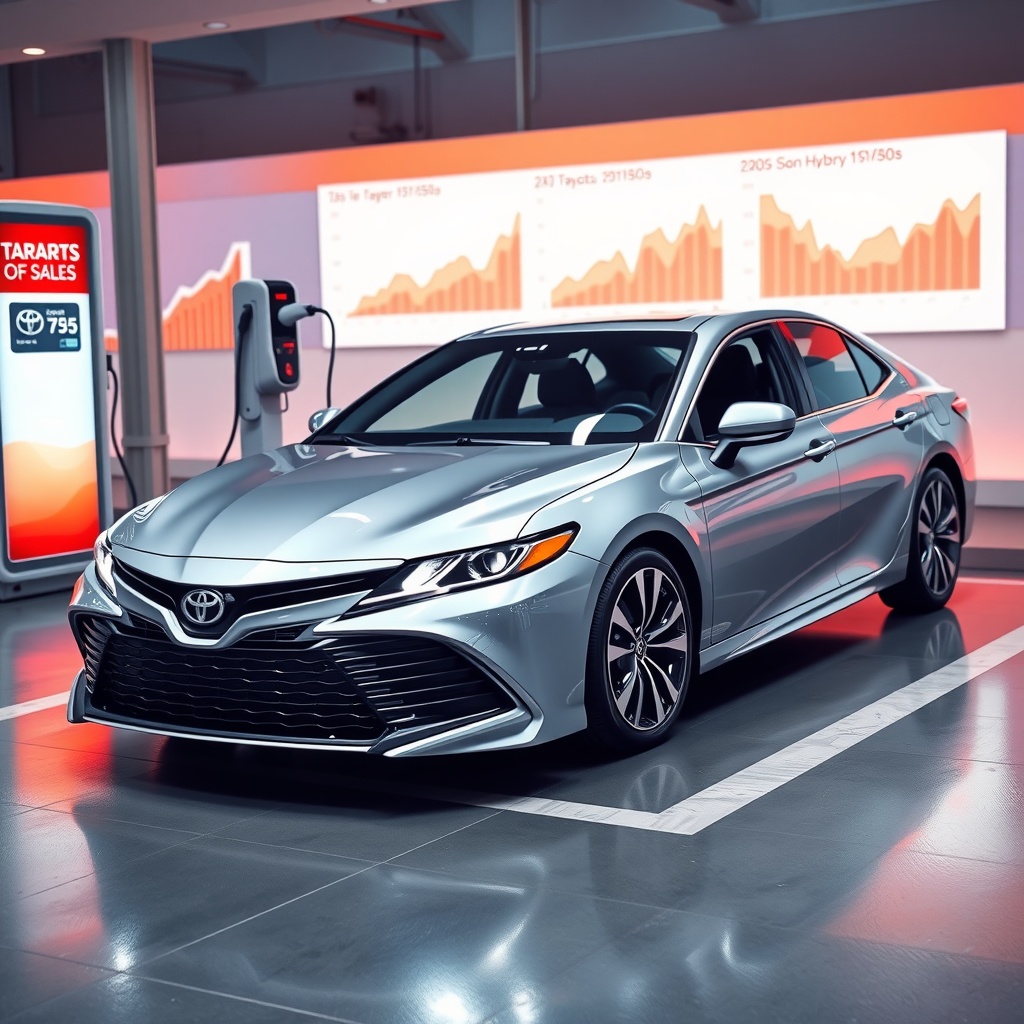 A sleek Toyota hybrid Camry being charged at a station with sales graphs showing increasing hybrid adoption trends displayed in the background.