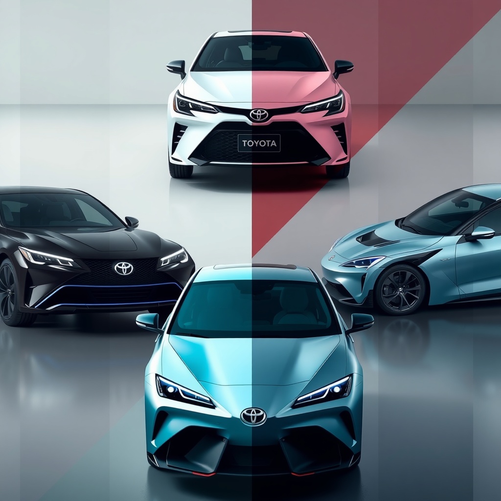 Split-screen comparison of Toyota's diverse vehicle lineup showing hybrid, hydrogen fuel-cell, and electric prototype models side by side.