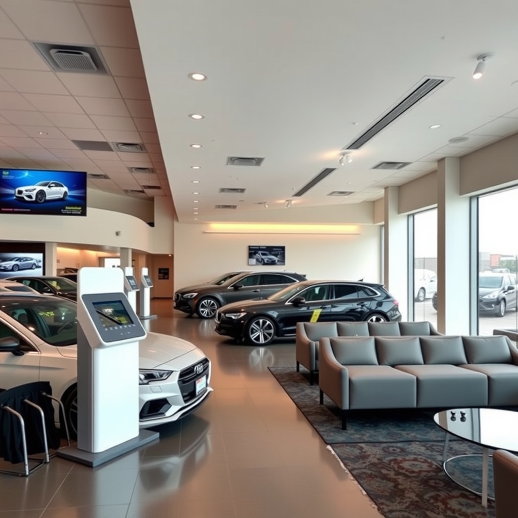 A modern car dealership showroom with digital displays, interactive kiosks, and minimal physical inventory but attractive customer lounge areas