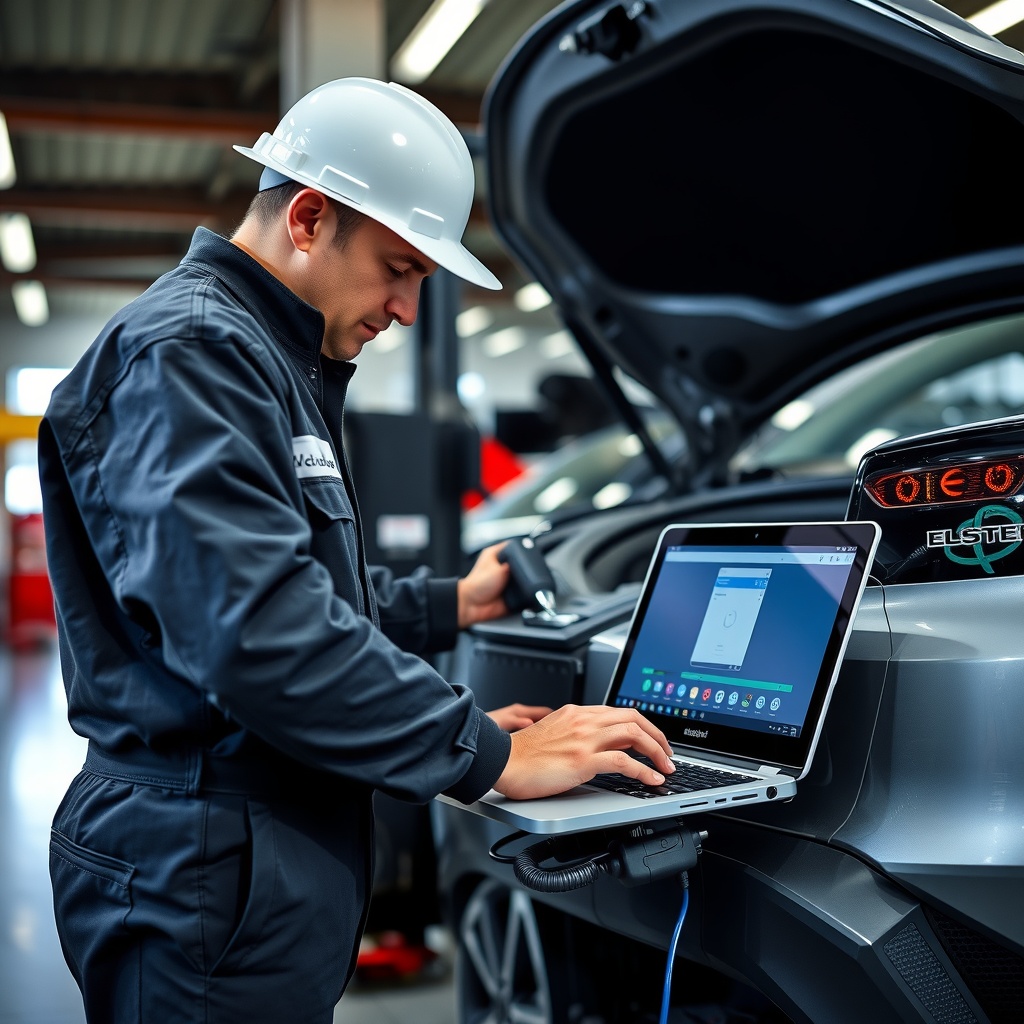 A technician in a dealership service bay working on an electric vehicle with diagnostic equipment connected to a laptop