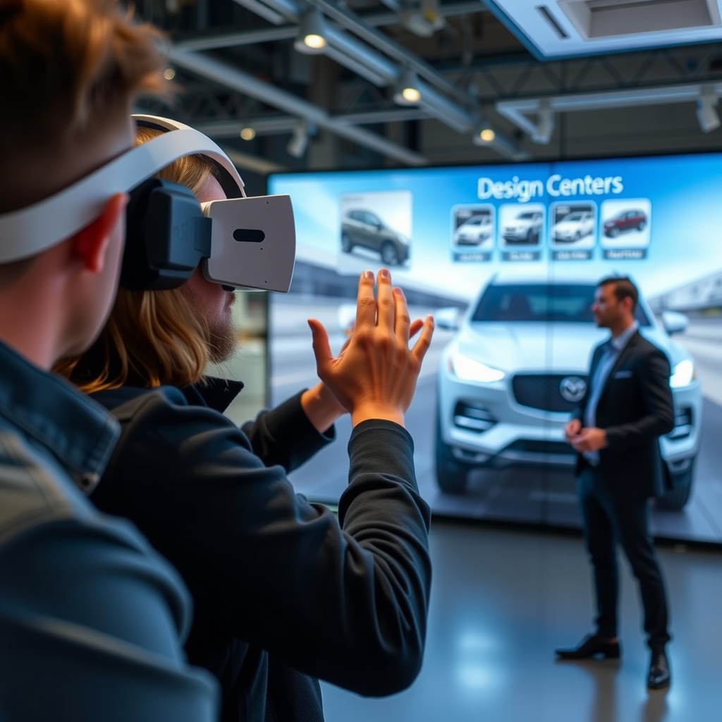 A customer using a virtual reality headset to customize and experience a vehicle in a dealership's digital design center, with a salesperson guiding the experience