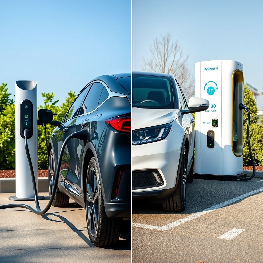 A split-screen comparison showing a modern electric vehicle plugged into a charging station on one side and a hydrogen fuel cell vehicle at a hydrogen refueling station on the other.
