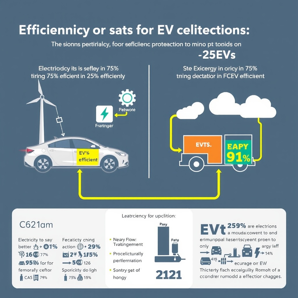 An infographic showing the efficiency pathways of electricity to motion in EVs (75% efficient) versus hydrogen production to motion in FCEVs (25% efficient), with detailed energy flow visualization.