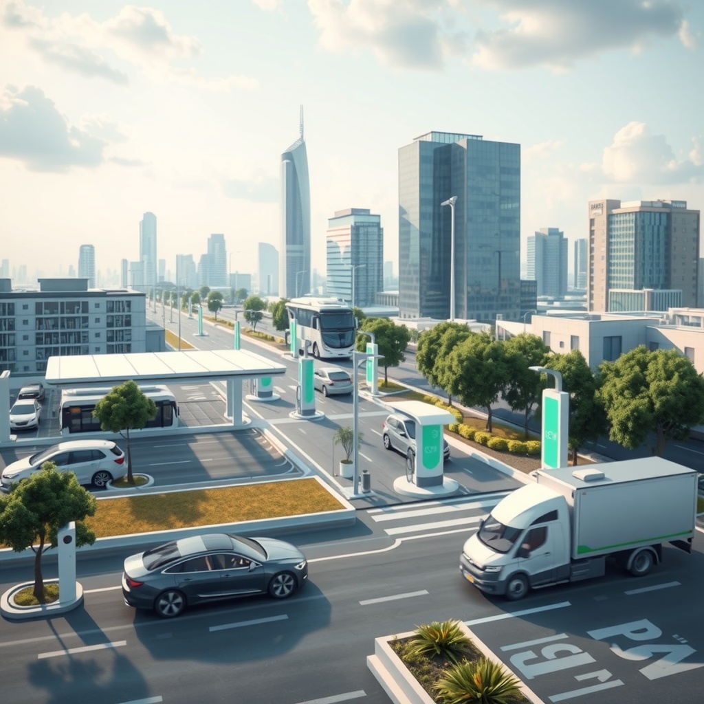 A futuristic cityscape featuring both EV charging infrastructure and hydrogen refueling stations, with various zero-emission vehicles including passenger cars, buses, and commercial trucks.