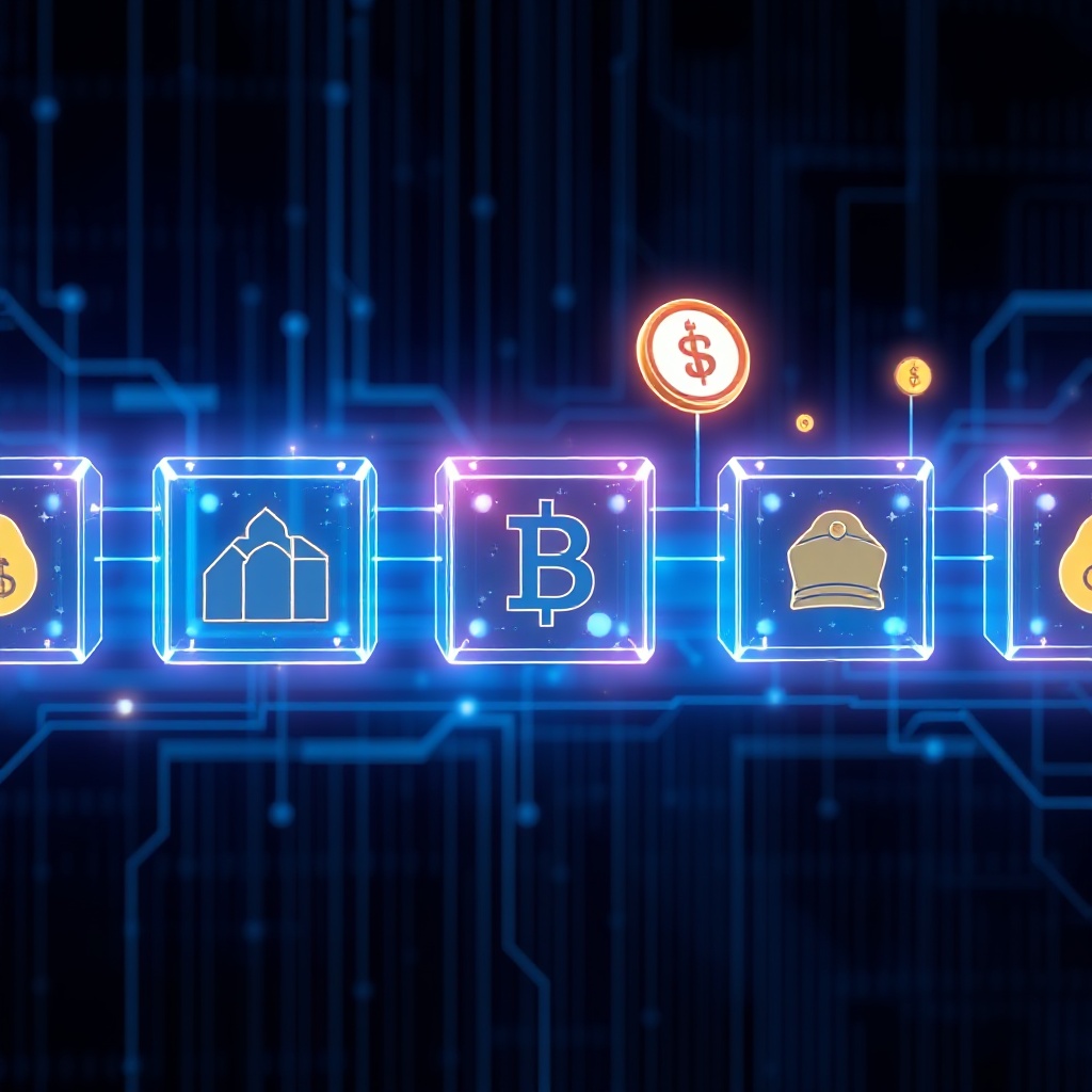 A digital visualization showing blockchain blocks connected in a chain, with tokens representing different asset classes (real estate, commodities, securities) flowing between them, against a blue technology background.