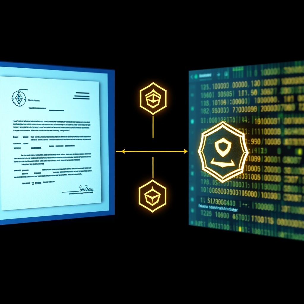 A split-screen visual showing traditional paper-based asset ownership documents on one side and their digital tokenized equivalents on a blockchain ledger on the other side, with connecting transformation elements between them.