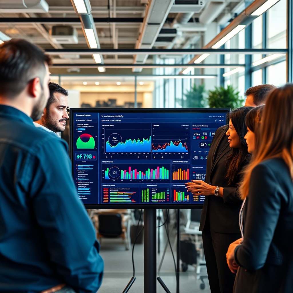 A team of diverse professionals gathered around a dashboard displaying real-time AI performance metrics with colorful graphs and alerts, in a modern tech office environment.