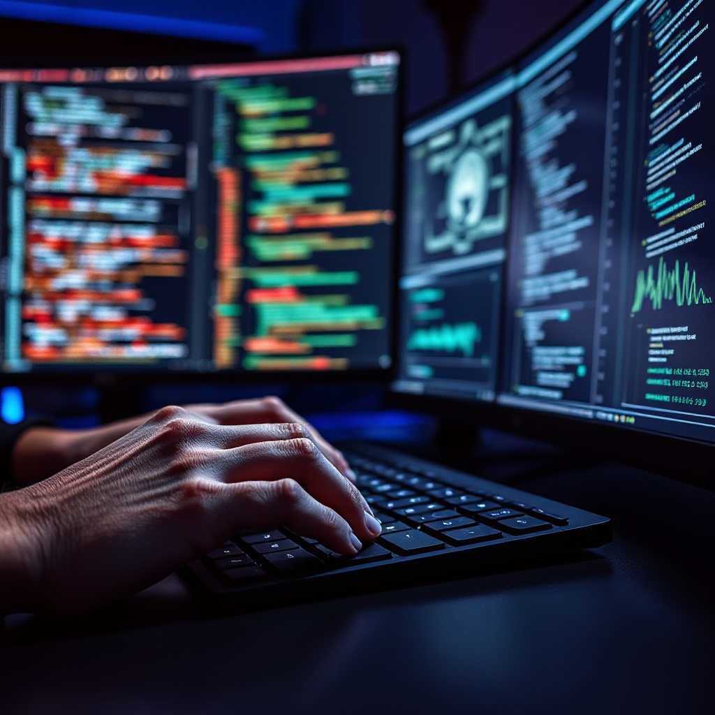 Close-up of hands typing on keyboard with multiple screens showing code, data visualizations, and AI testing results in the background, with subtle blue lighting.