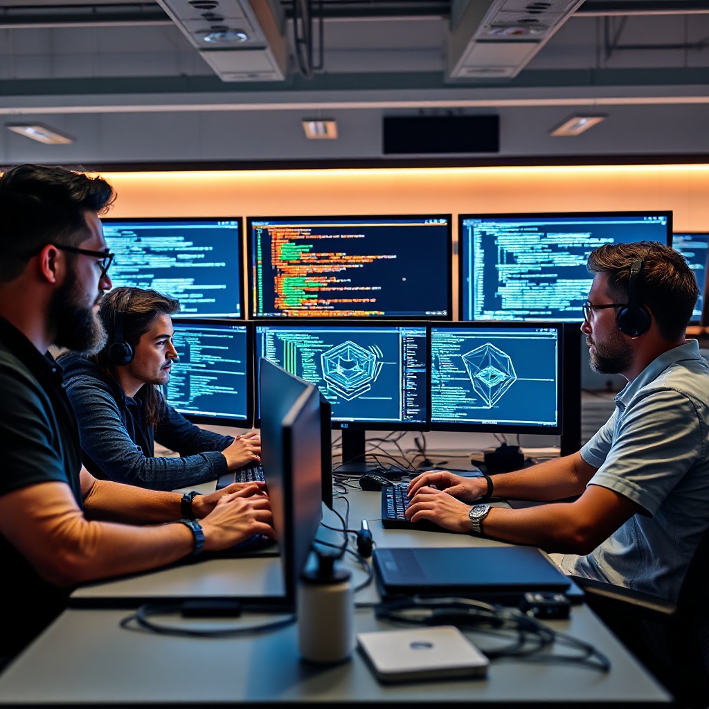 A diverse group of blockchain developers collaborating at a workspace with computer screens showing code and blockchain visualizations in the background.
