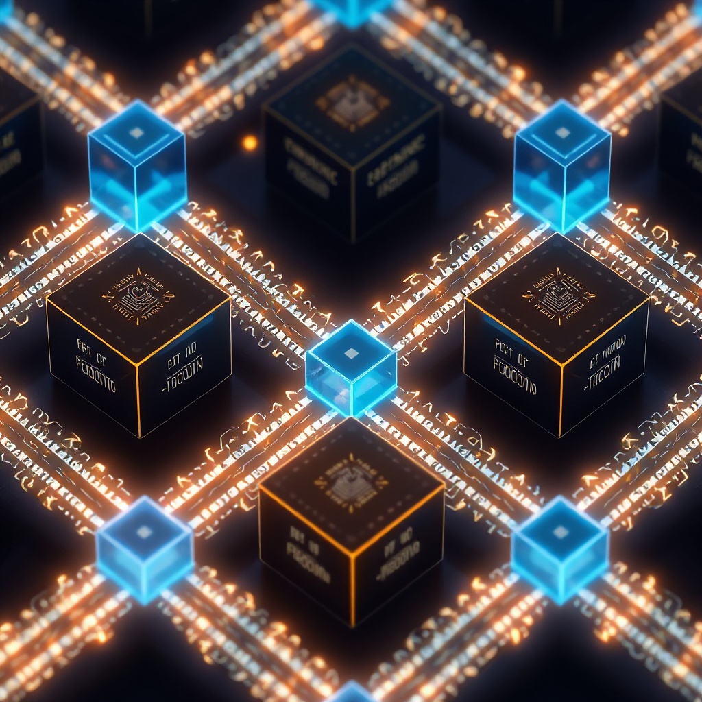 A visual representation of blockchain architecture with interconnected blocks forming a chain, with grant funding represented as glowing pathways between blocks.