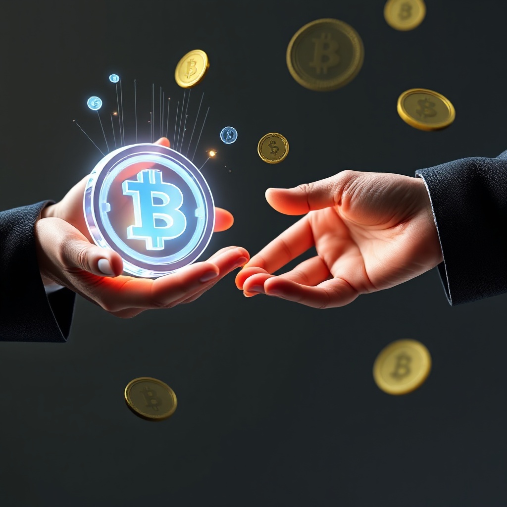 A founder receiving a symbolic blockchain grant token, shown as a holographic 3D object being transferred from one hand to another, with digital currency symbols floating around them.
