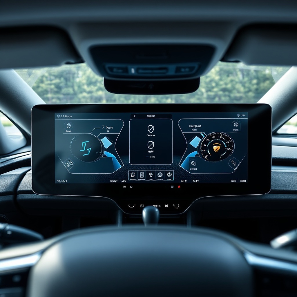 A modern vehicle dashboard highlighting a central computing display with multiple virtual domains running simultaneously, showing the integration of infotainment, ADAS, and vehicle control systems.