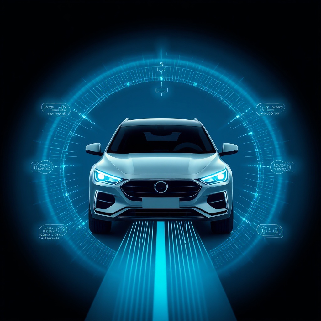 A vehicle receiving an over-the-air update, with a subtle visualization showing how safety-critical and non-critical software modules are isolated yet function cohesively.