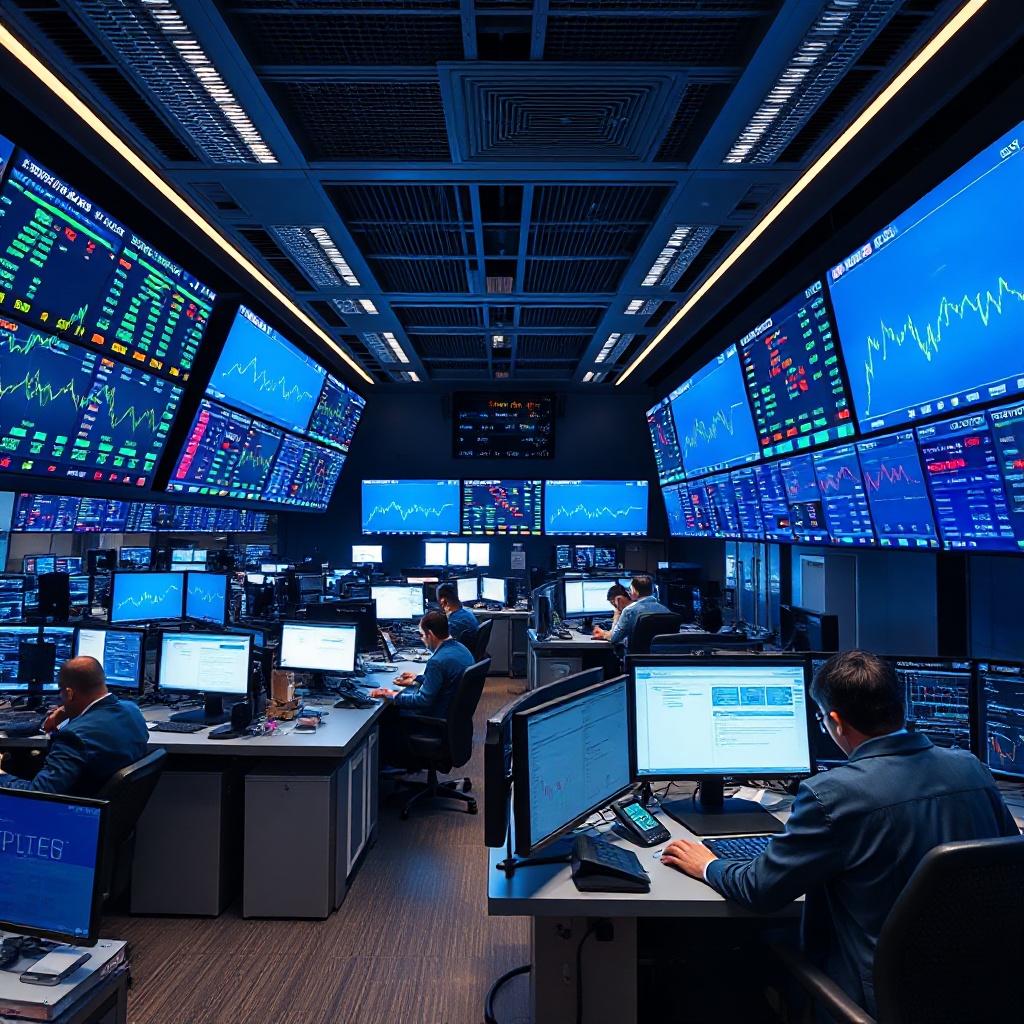 A modern trading floor with multiple screens displaying real-time data and IoT devices visibly integrated into the workstations, showing traders actively monitoring market conditions.