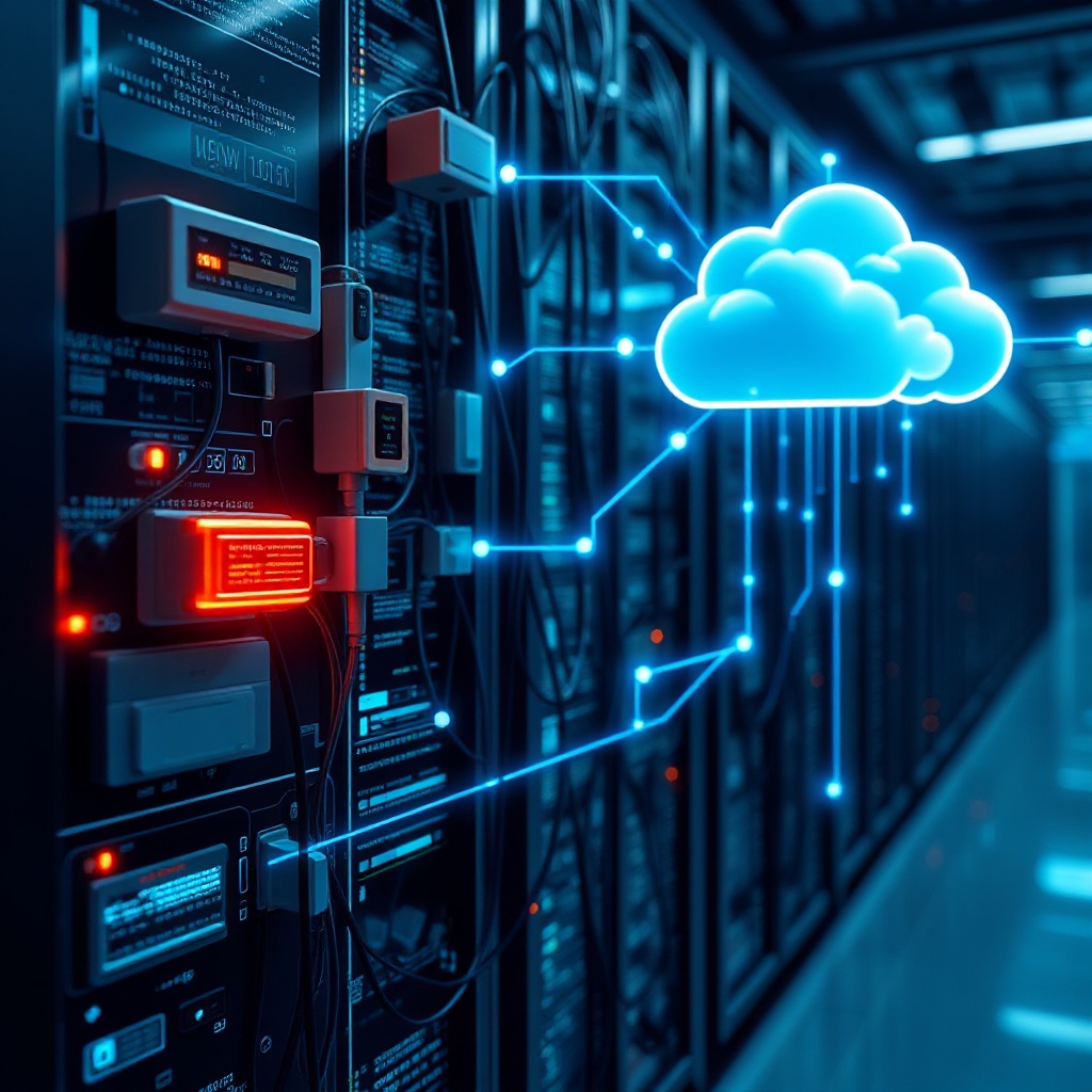A close-up of IoT sensors attached to physical assets in a financial institution, with data streams visually represented flowing to cloud computing infrastructure.