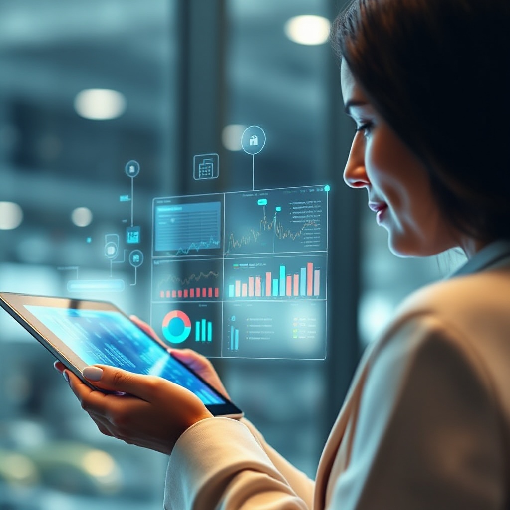 A financial professional using a tablet with an augmented reality overlay showing IoT-generated market insights and predictive analytics visualizations.