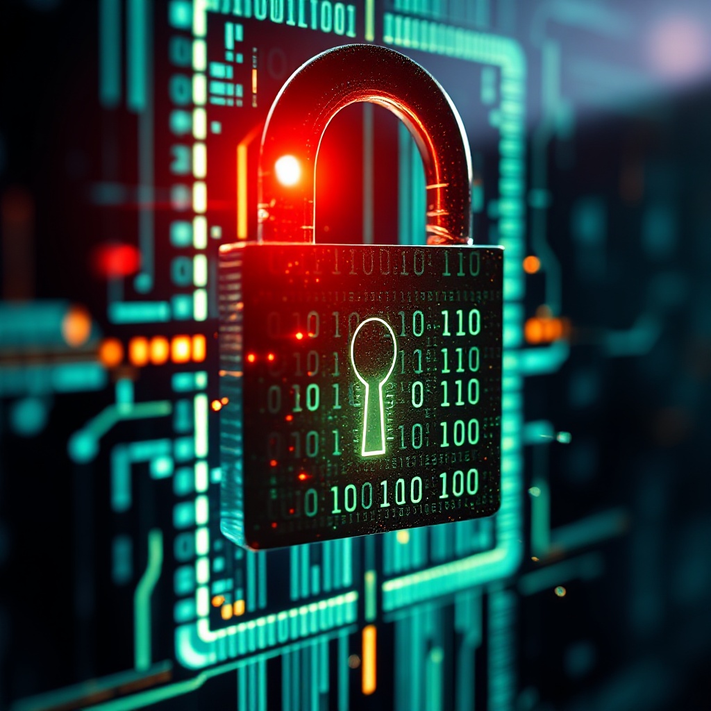 A close-up of a glowing digital lock being broken or cracked, with binary code flowing out, representing a zero-day vulnerability being exploited on enterprise technology.