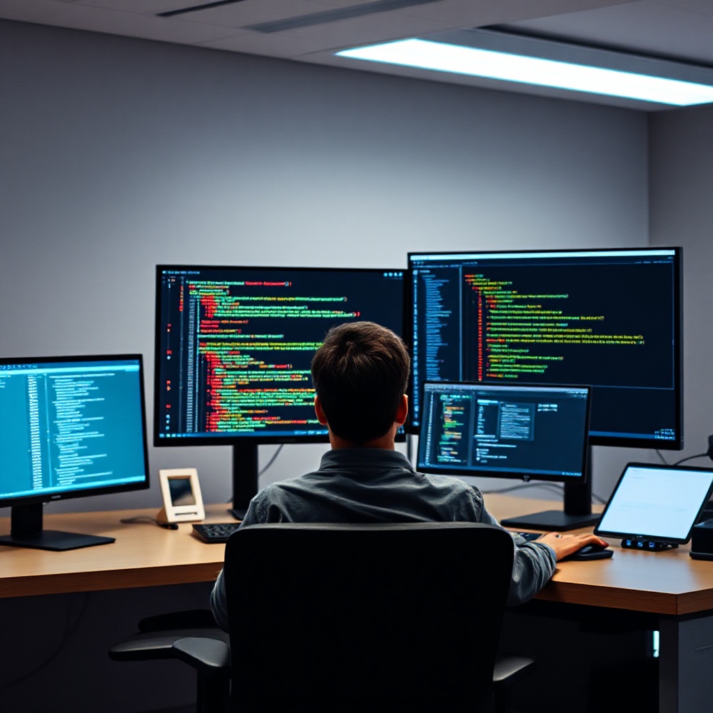 A developer sitting at a workstation with multiple screens, one showing code and another showing an AI copilot interface with suggestions appearing in real-time as they work.