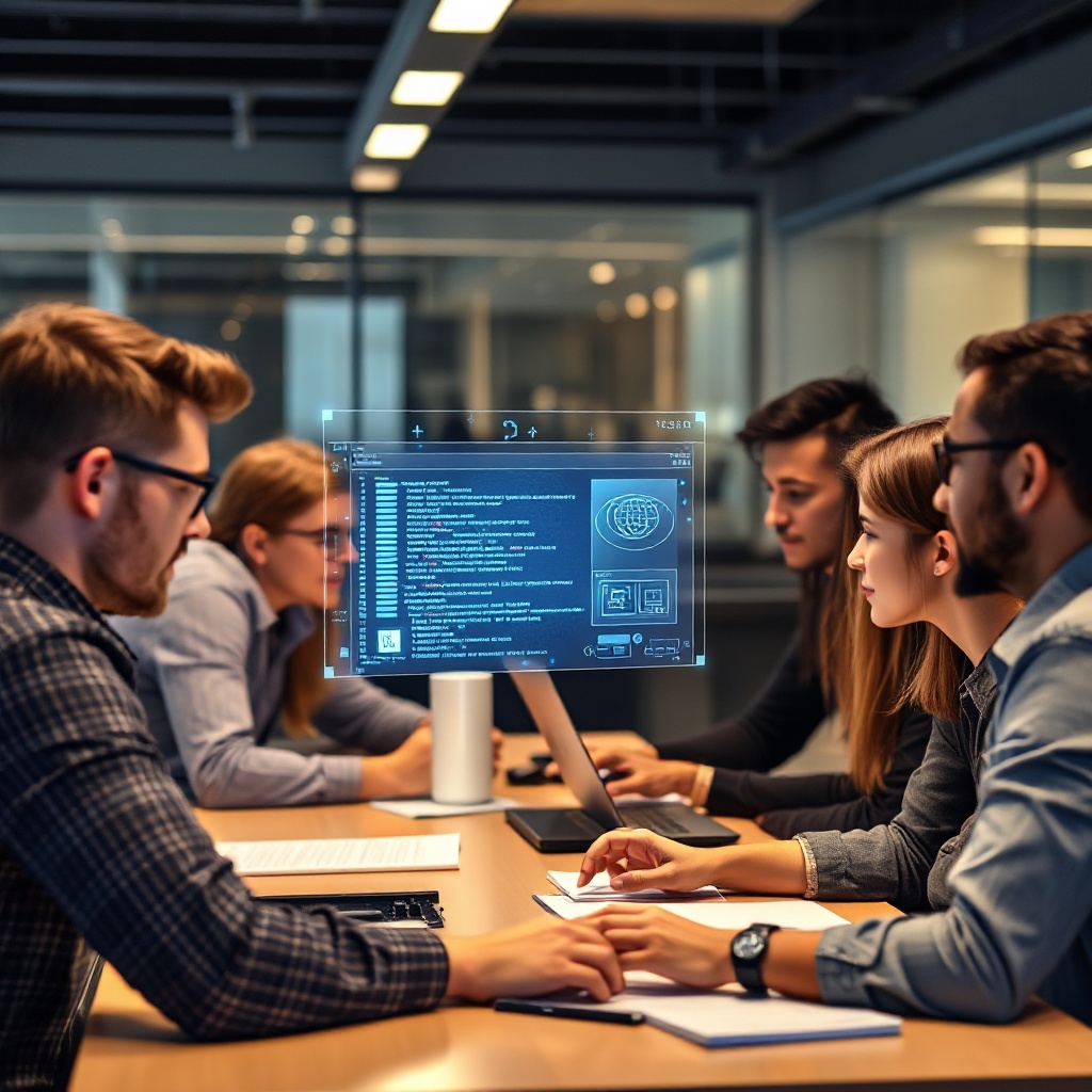 A diverse team of software engineers collaborating in a modern office space, with holographic displays showing code and AI analysis tools floating between them.