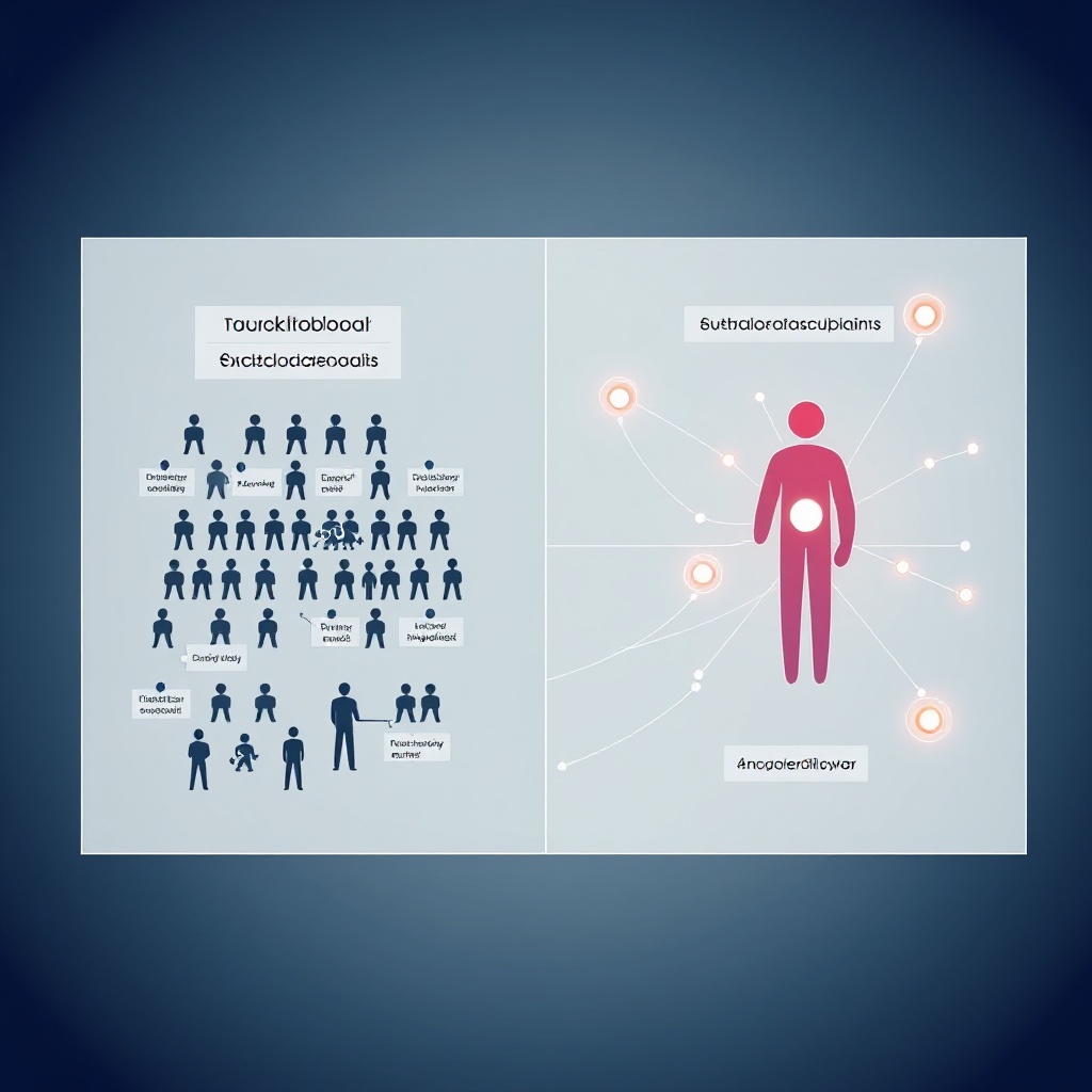 A split-screen visualization showing traditional software development on one side (many specialized roles) and the new AI-augmented model on the other (fewer developers working with AI tools) - represented through abstract figures and connecting lines.