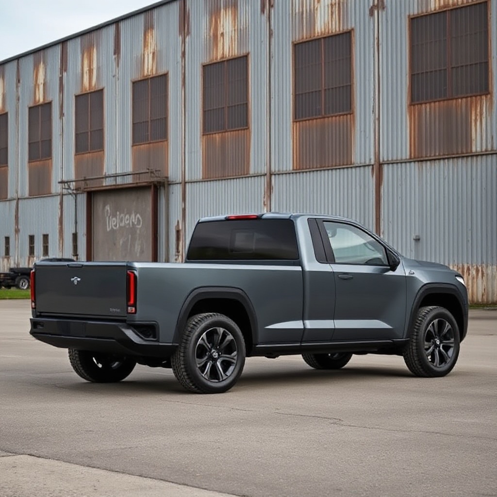 A slate gray electric pickup truck with visible body panels and industrial aesthetic parked in front of a repurposed factory building in Indiana, showcasing its minimalist design and practical utility features.