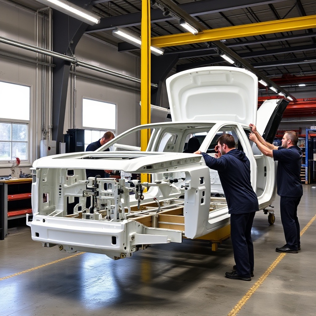 Workers installing injection-molded plastic body panels onto the Slate Auto truck frame inside the renovated Warsaw, Indiana manufacturing facility, demonstrating the innovative production process.